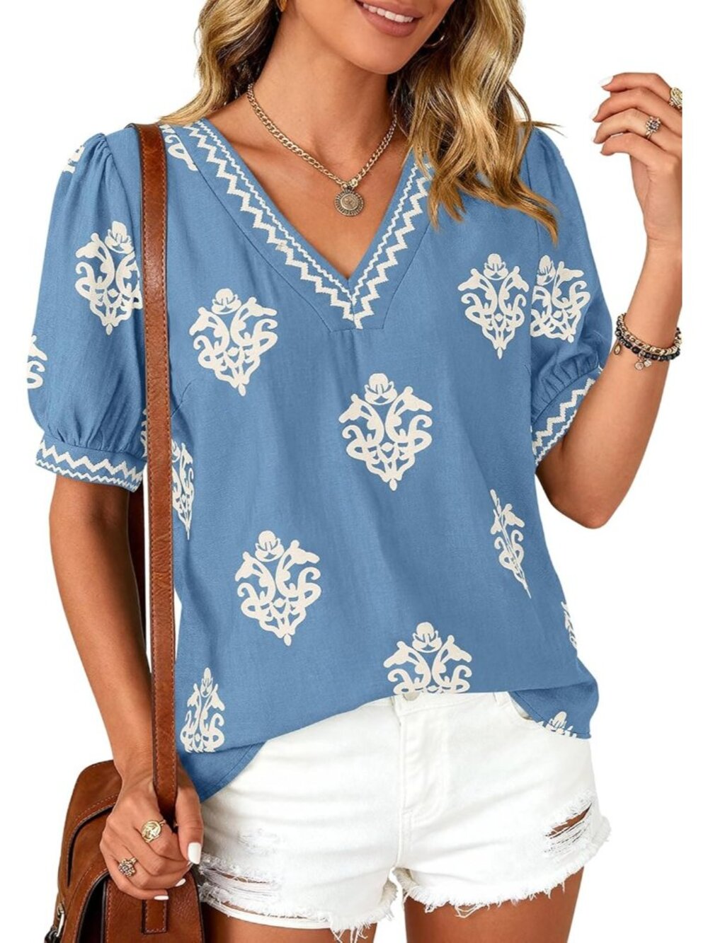 Women's Blue White Flower Short Sleeves V Neck Boho Blouses Beach T Shirts